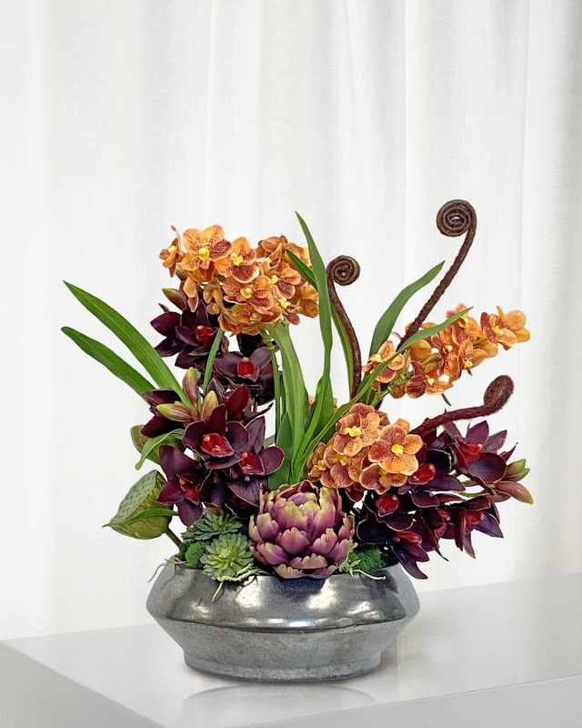 Vanda Cymbidium 20" Faux Floral Arrangement In Terracotta Bowl
